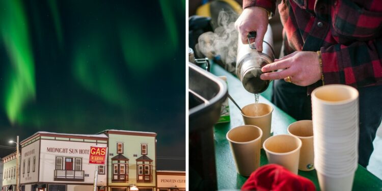 The aurora borealis dance over historic buildings in downtown Dawson City, Yukon; The Klondike Experience founder Jesse Cooke makes a special hot chocolate drink for his guests at a warming hut in Tombstone Territorial Park, Yukon.