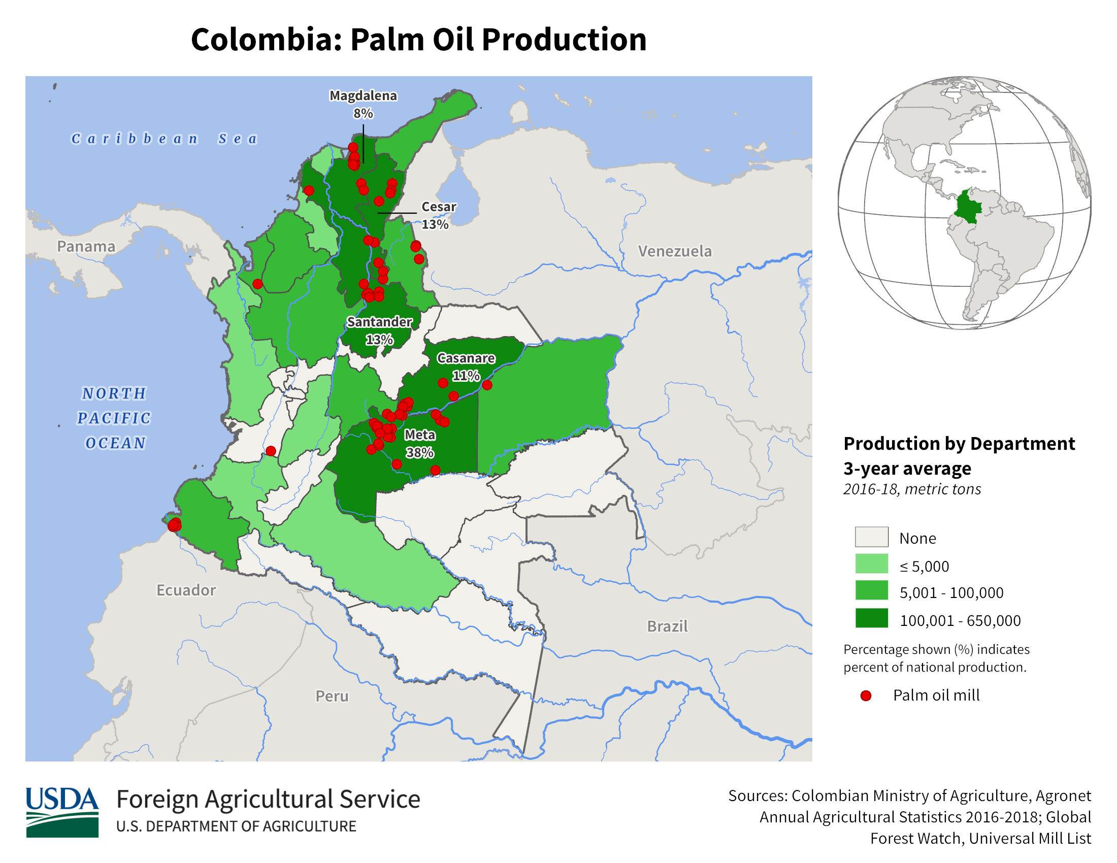 Distribución de la producción de aceite de palma en Colombia. Mapa: Foreign Agricultural Service of the USDA.