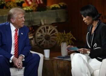 Republican presidential nominee former President Donald Trump speaks Oct. 15, 2024, during a break in a Fox News town hall with Harris Faulkner in Cumming, Ga. (AP)