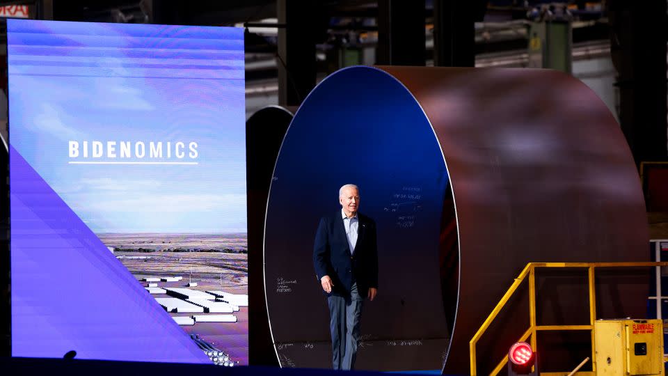 President Joe Biden walks onto the stage before speaking about Bidenomics at CS Wind on November 29, 2023 in Pueblo, Colorado. CS Wind, the largest wind turbine tower manufacturer in the world, announced they were expanding operations as a direct result of the Inflation Reduction Act. - Michael Ciaglo/Getty Images