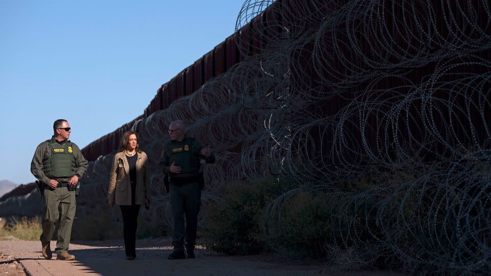 US Vice President and Democratic presidential candidate Kamala Harris visits the US-Mexico border with US Border Patrol Tucson Sector Chief John Modlin, right, in Douglas, Arizona, on September 27, 2024. - Rebecca Noble/AFP/Getty Images