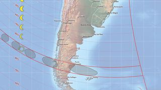 A close up view of south america showing the path of the annular solar eclipse.