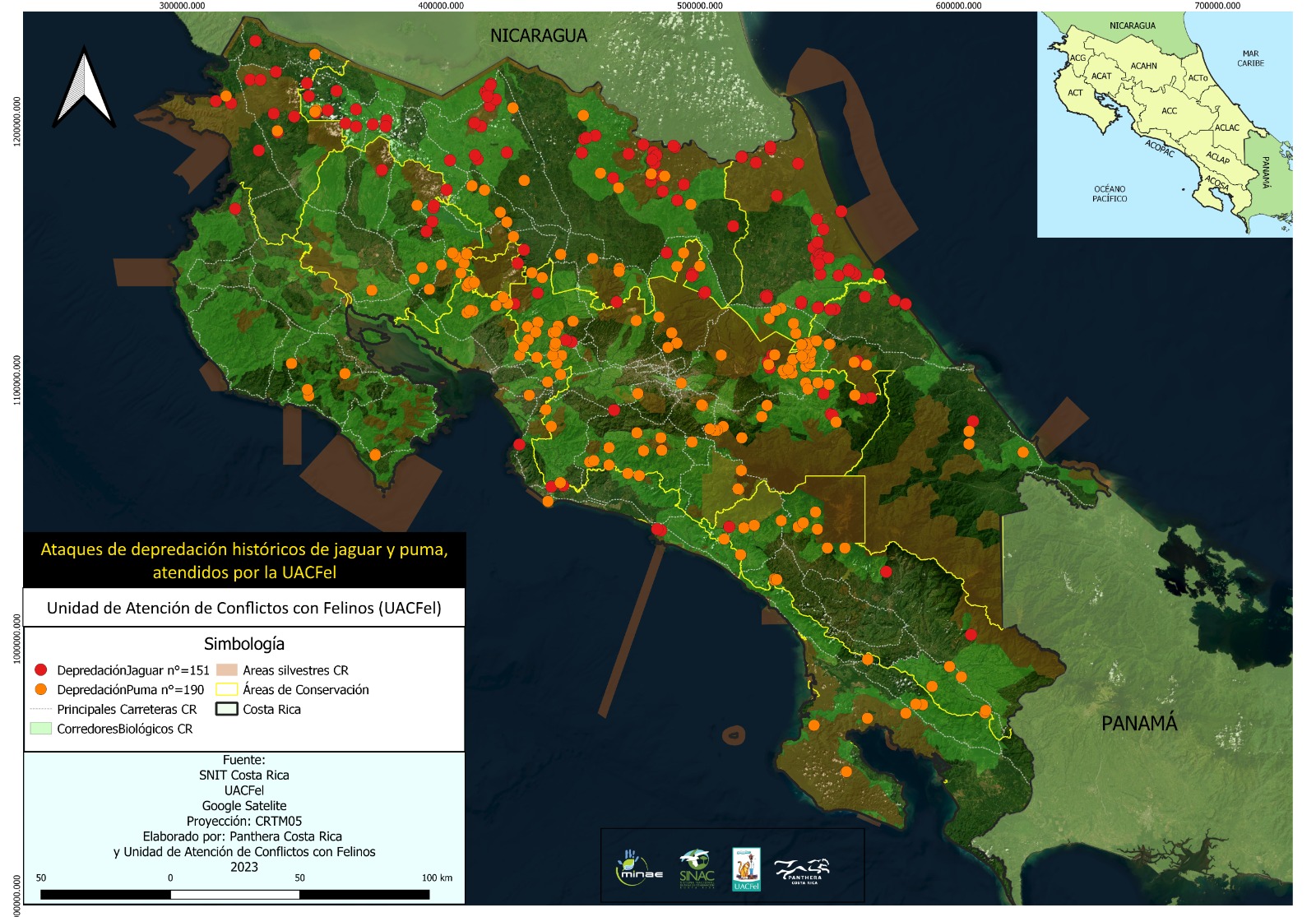 Mapa de conflictos Felinos Humanos. Cortesía Panthera Costa Rica.