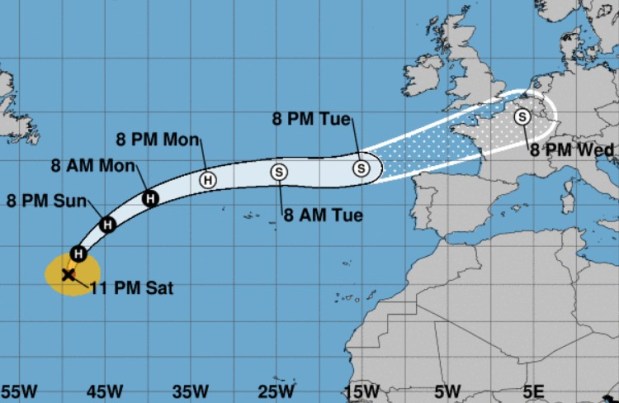 The forecast cone for Kirk as of 11 p.m. on Saturday, Oct. 5, 2024. (National Hurricane Center/Courtesy)