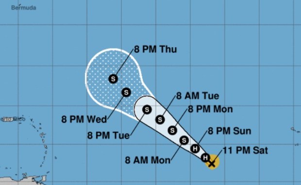 The forecast cone for Hurricane Leslie as of 11 p.m. on Saturday, Oct. 5, 2024. (National Hurricane Center/Courtesy)