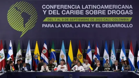 Getty Images Leaders sit at the Latin American and Caribbean Conference on Drugs in Cali, Colombia