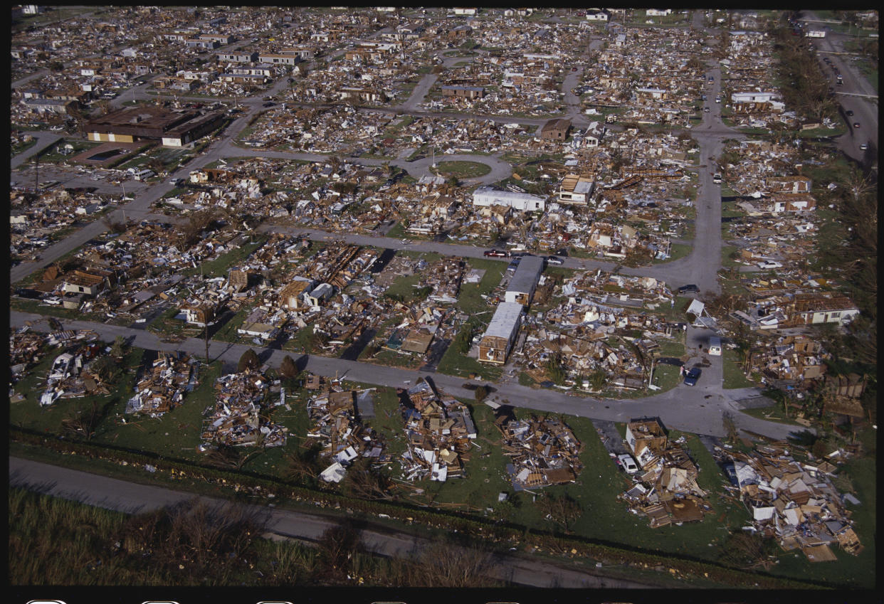 Homes were reduced to piles of rubble following Hurricane Andrew. / Credit: Steve Starr/CORBIS/Corbis via Getty Images