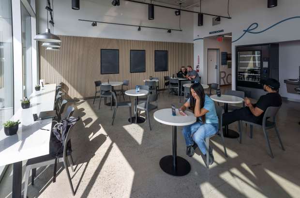 The lounge area at the Rove EV charging center on...