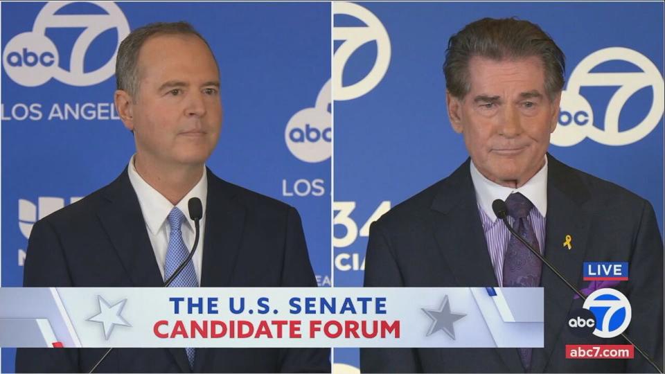 PHOTO: Rep. Adam Schiff and Steve Garvey are onstage at the U.S. Senate Candidate Forum hosted by ABC station KABC and the League of Women Voters of California on Tuesday. (KABC)