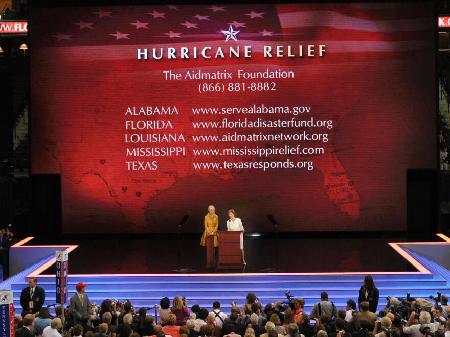 First Lady Laura Bush (R) and Cindy McCain (L) fundraised for Gustav relief efforts on the first day of the Republican National Convention in St. Paul, Minnesota, in September 2008.