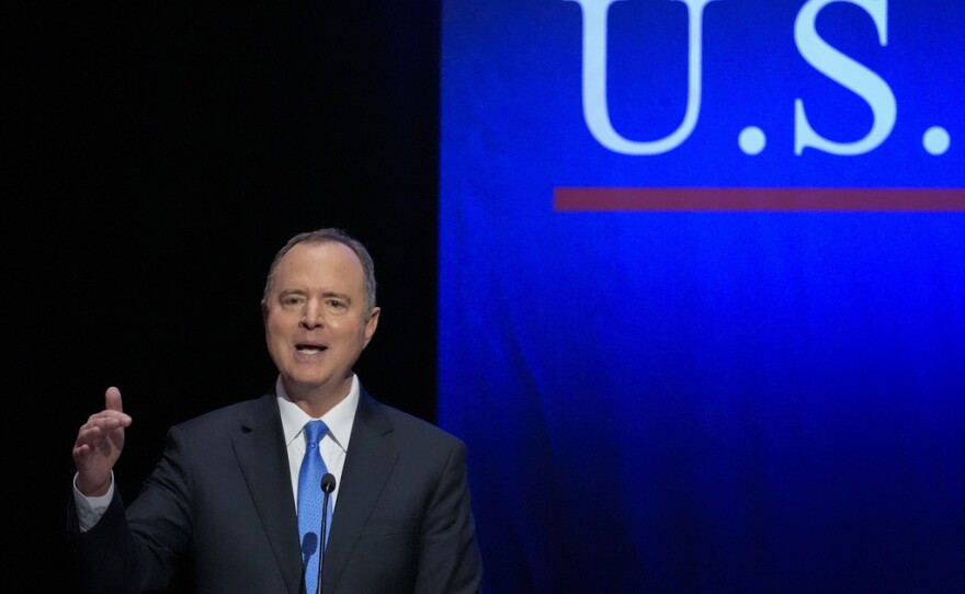 U.S. Rep. Adam Schiff, D-Calif., speaks during a televised debate for candidates in the senate race to succeed the late California Sen. Dianne Feinstein, Monday, Jan. 22, 2024, in Los Angeles. (AP Photo/Damian Dovarganes, File)