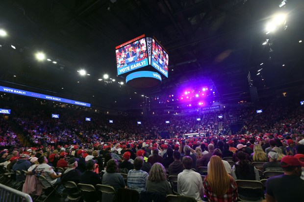 Former President Donald J. Trump speaks to an enthusiastic Berks County crowd on Wednesday at the Santander Arena. (BILL UHRICH/READING EAGLE)