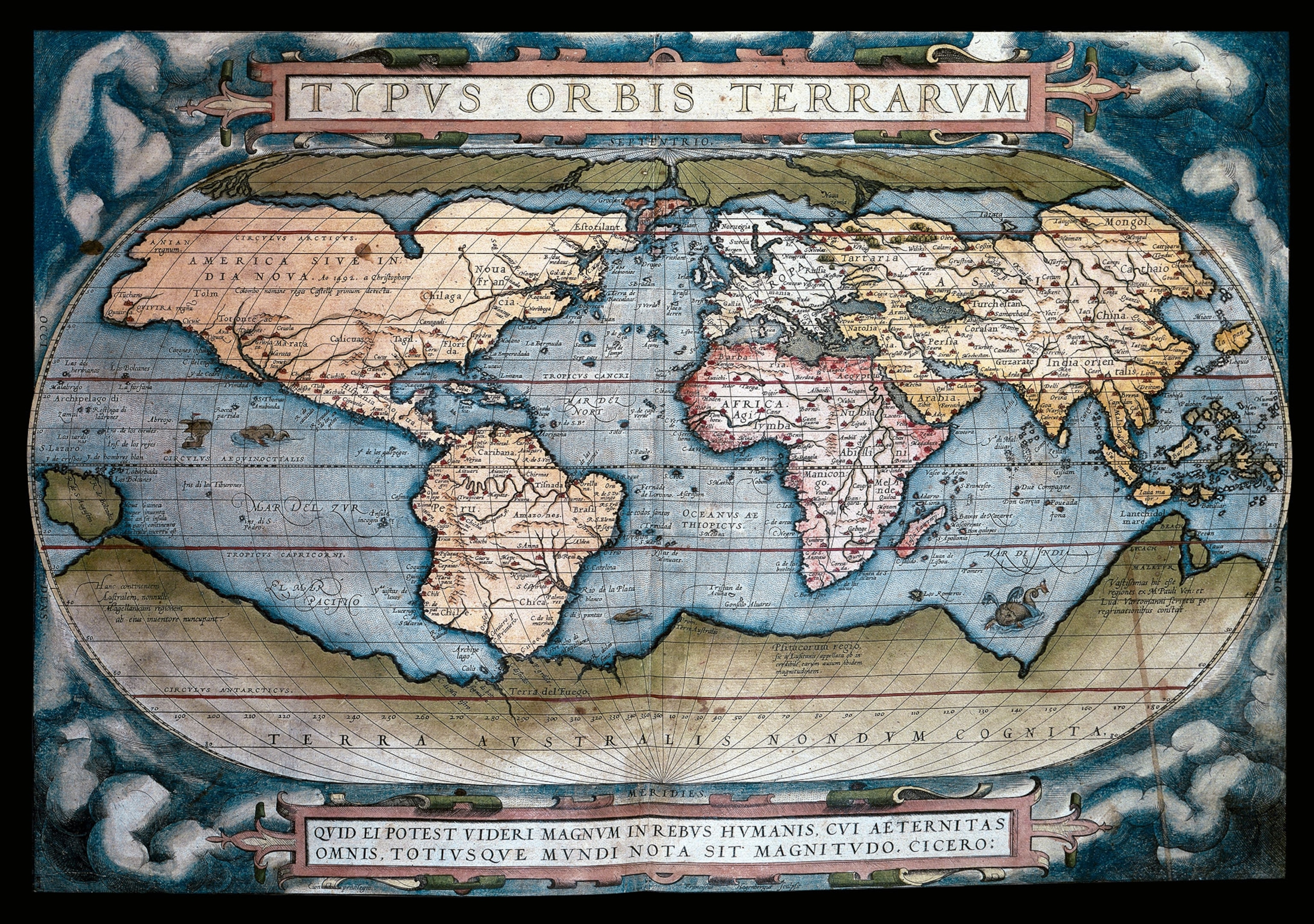 A detailed illustrated world map, with a framing border, from 1574