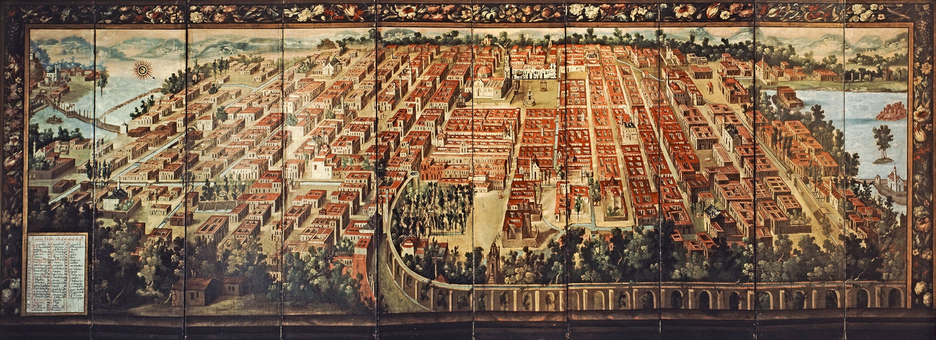 An elaborate painted folding screen of a town