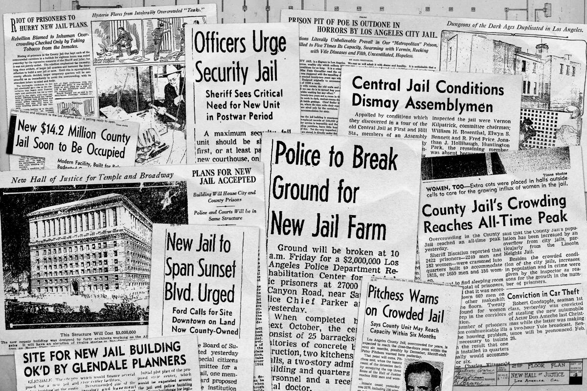 Collage of archived newspaper headlines about a new jail construction and poor conditions