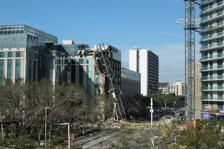 A collapsed crane in downtown St. Petersburg, Fla., on Oct. 10, 2024.