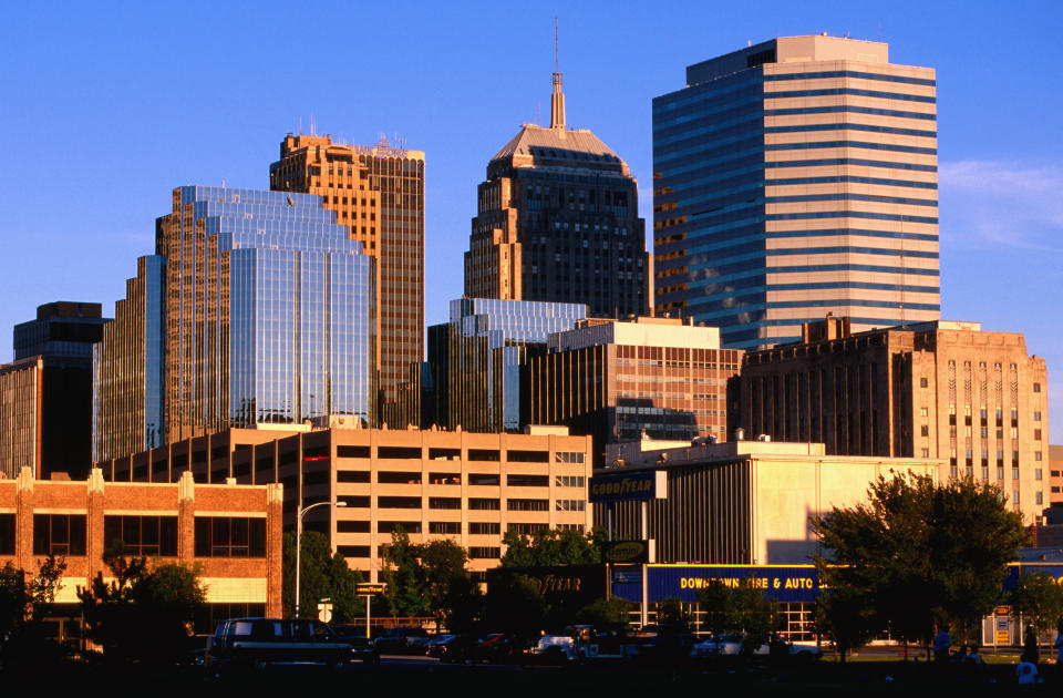 City skyline with modern and historic buildings