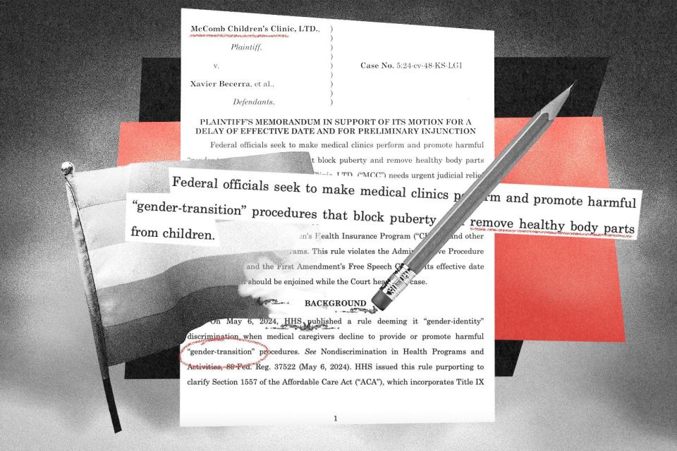 A trans rights flag being erased with a pencil, and a court document from McComb Children's Clinic vs. Xavier Becerra