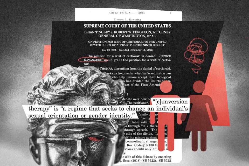 A photo illustration with a blindfolded statue of Justice, cutouts of a man and a woman, and a court document from Tingley vs. Ferguson