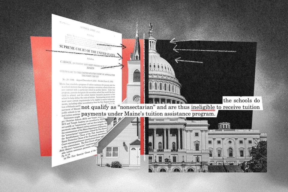 A photo illustration with half of the U.S. capitol building spliced together with half of a church, and a court document from Carson v. Makin