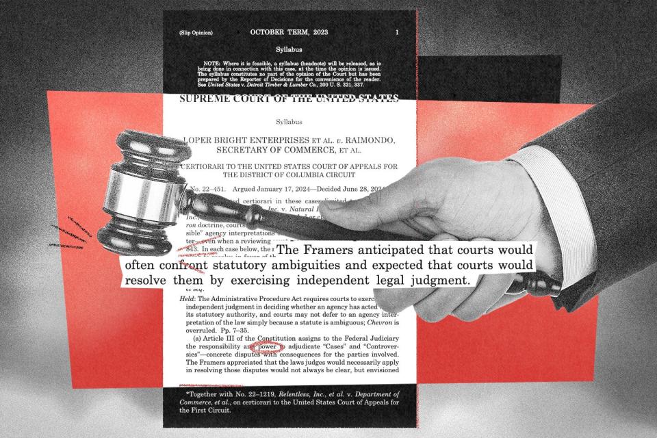 A photo illustration featuring a hand bringing down a gavel, and a court document from Loper Bright