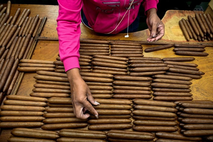 An employee organizes cigars at the Partagas cigar factory in Havana