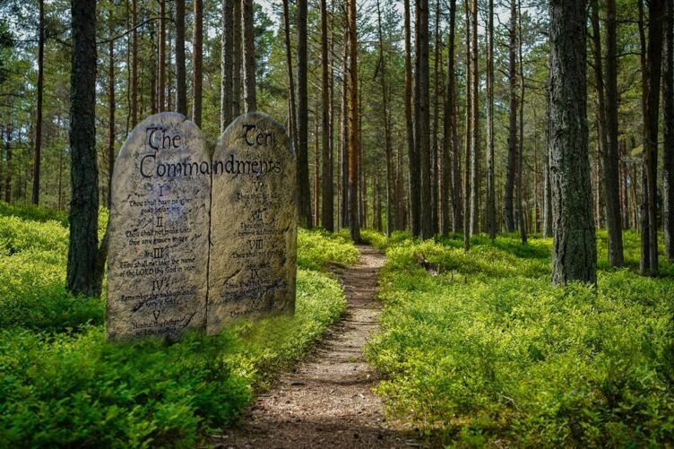 Ten Commandments at start of path in forest