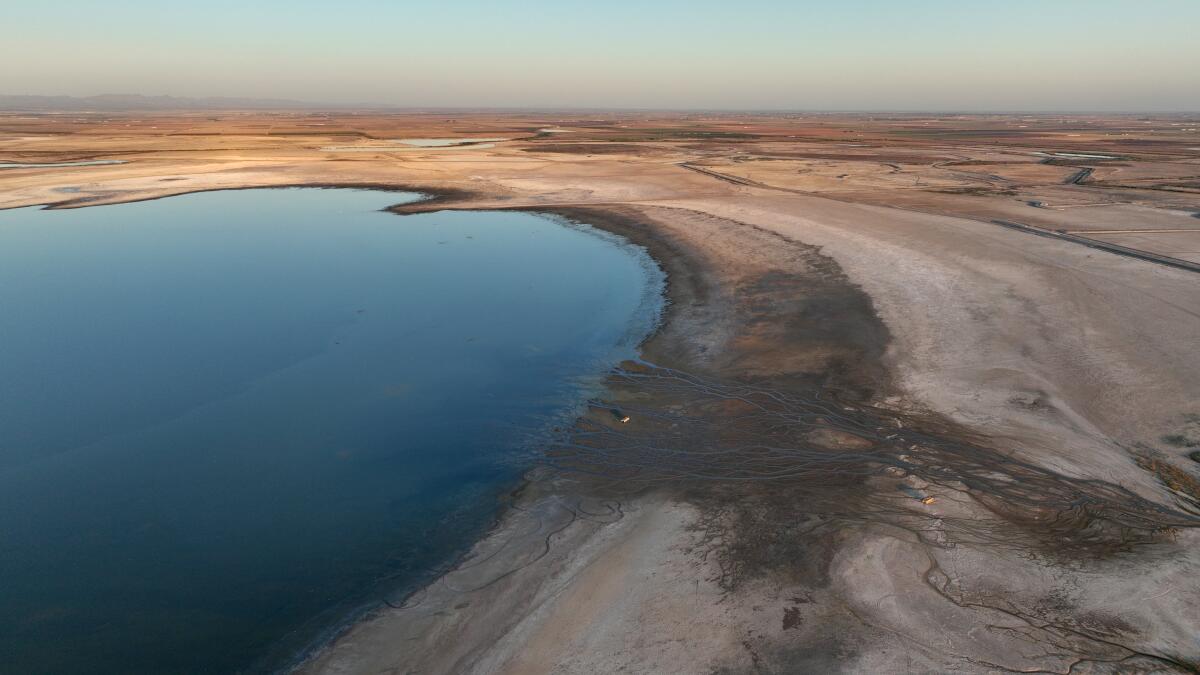 An aerial view of the shrinking Salton Sea.