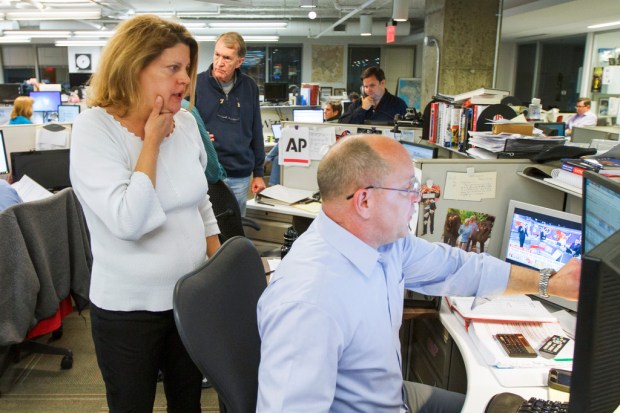 FILE – Then-Associated Press Washington bureau chief Sally Buzbee, talks...