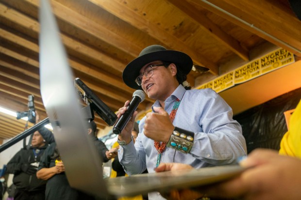 FILE – Buu Nygren announces his win for the Navajo...