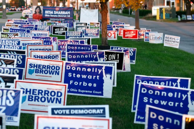 Campaign signs are posted outside of the Franklin County Board...