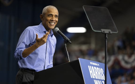 Former US President Barack Obama campaigns for US Vice President and Democratic presidential candidate Kamala Harris in Pittsburgh, Pennsylvania, on October 10, 2024. (Photo by RYAN COLLERD / AFP)