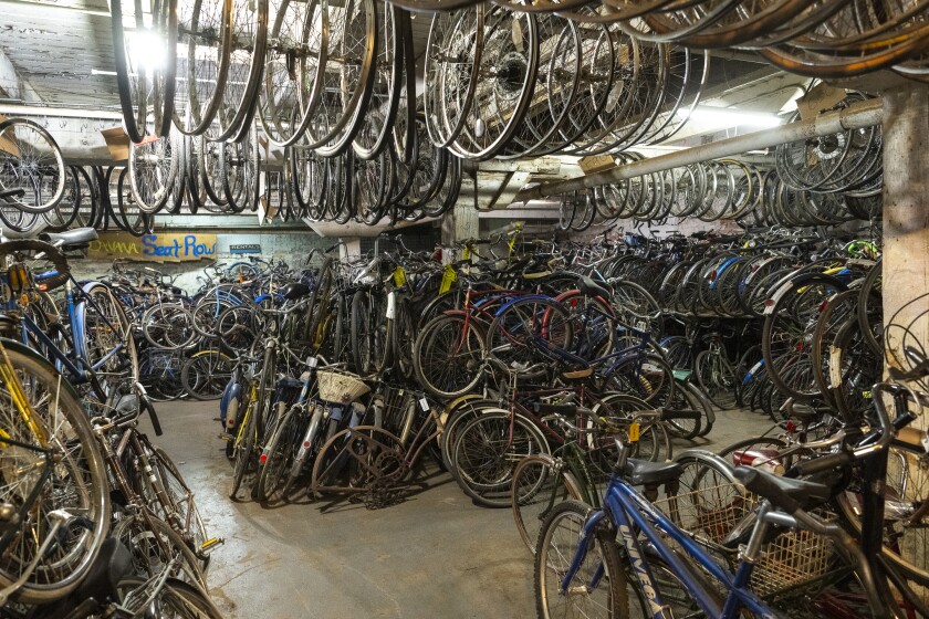 Thousands of bikes line the basement warehouse at Working Bikes located in Little Village, Wednesday, Oct. 9, 2024.