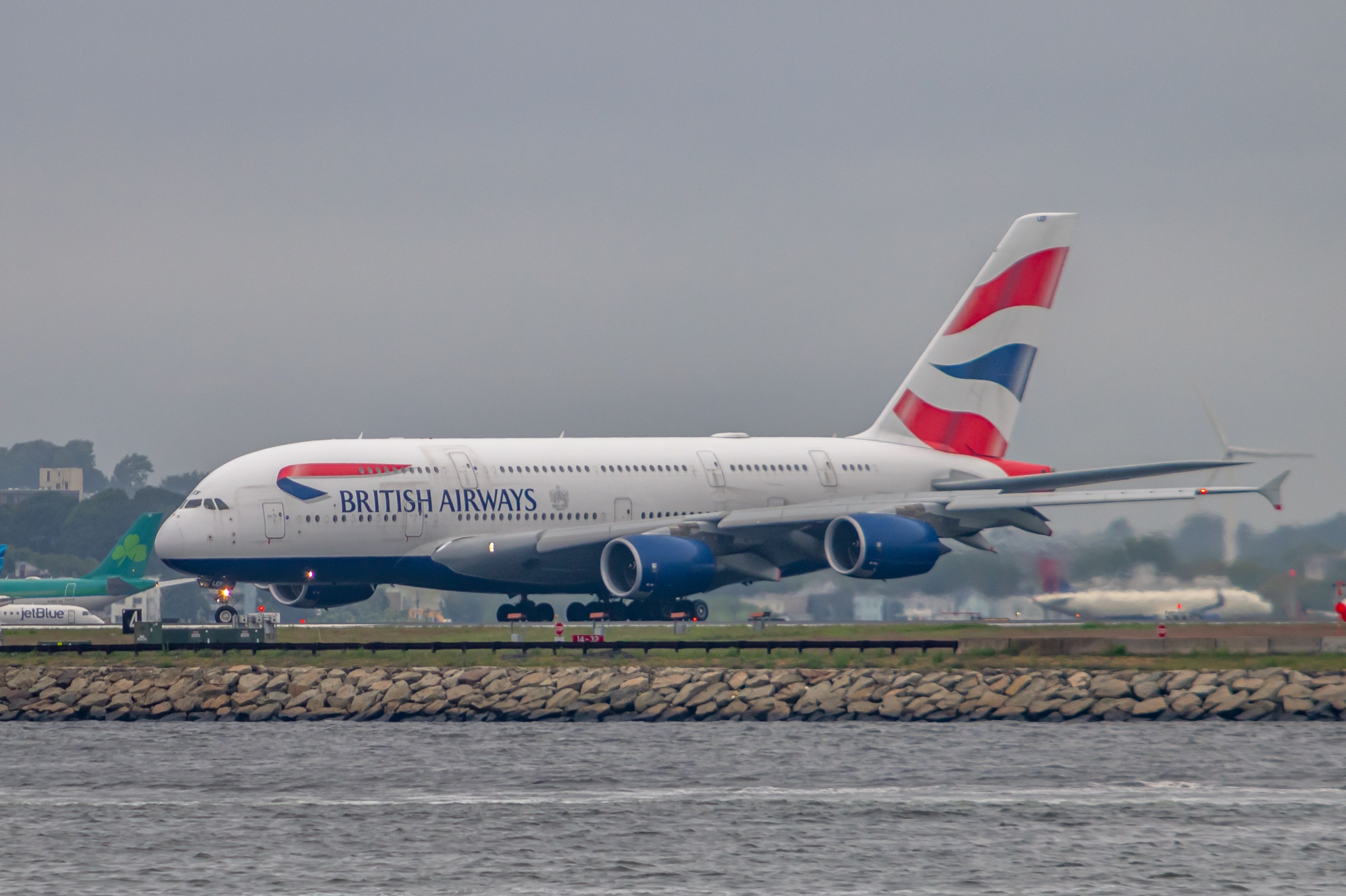 A British Airways Airbus A380 on the apron at Boston Logan International Airport.