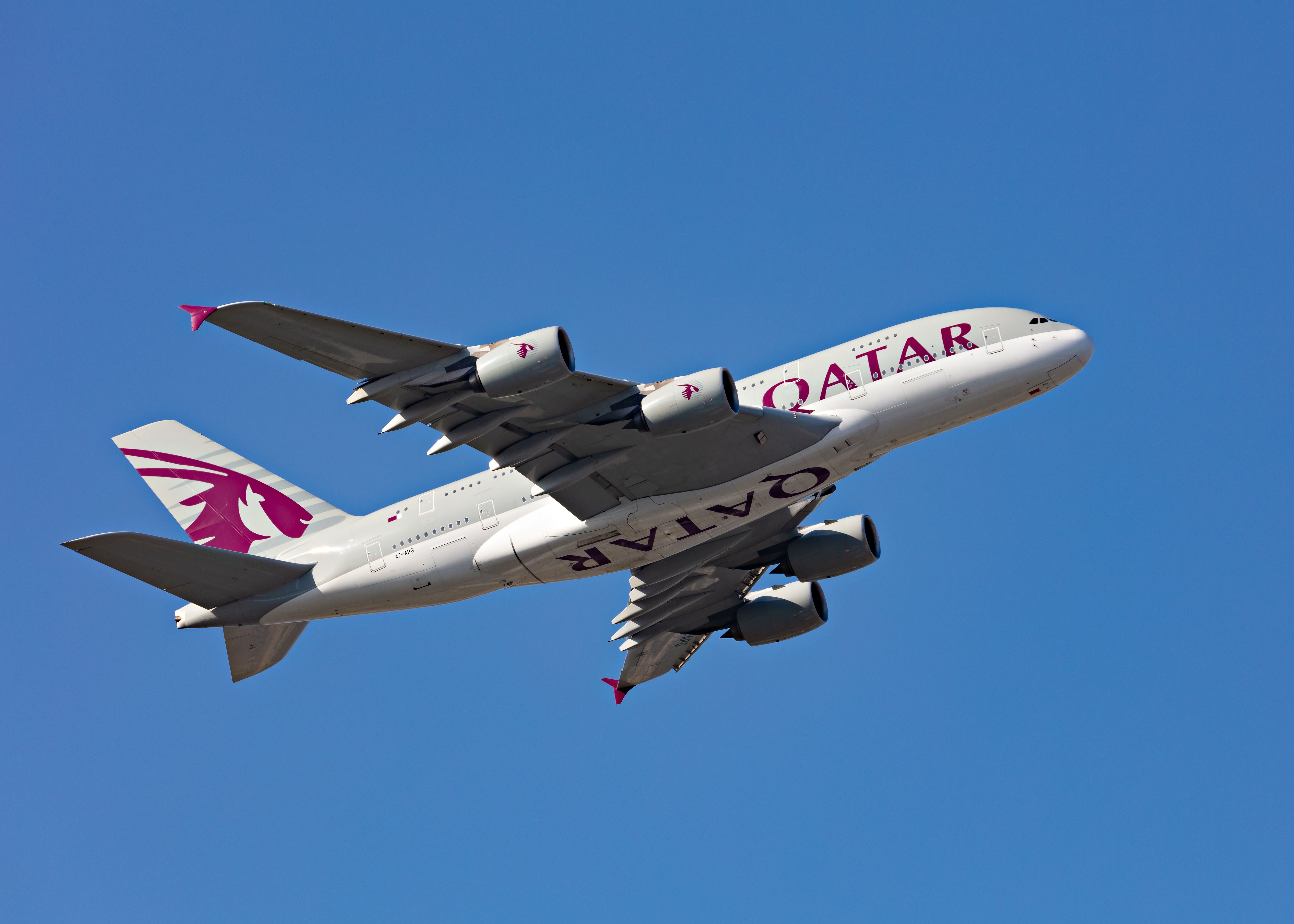 Qatar Airways Airbus A380 flying in the sky.