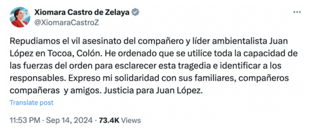 A tweet from Honduran President Xiomara Castro denouncing López's assassination and expressing death and expressing solidarity with his family and loved ones. 