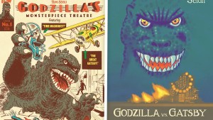 Giant lizard Godzilla fights smaller figures as he bursts forth from the pavement in the image on the left, including one attacker in a biplane and another in a futuristic yet retro flying vehicle. On the right side, Godzilla's ominous face is seen impressionistically looking over a large estate on fire below.