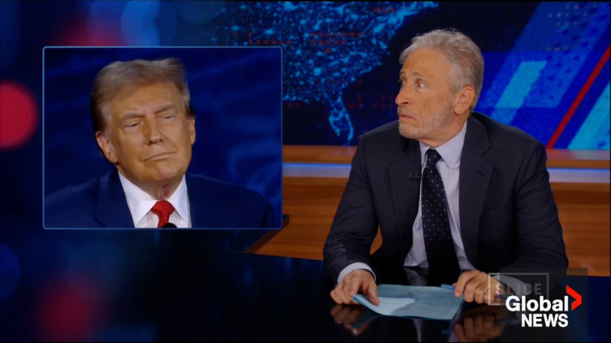 Click to play video: '‘What the f*** was that’: Jon Stewart reacts to Trump debate comments on migrants ‘eating pets’'