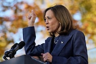 Democratic presidential nominee Vice President Kamala Harris speaks during a campaign event...