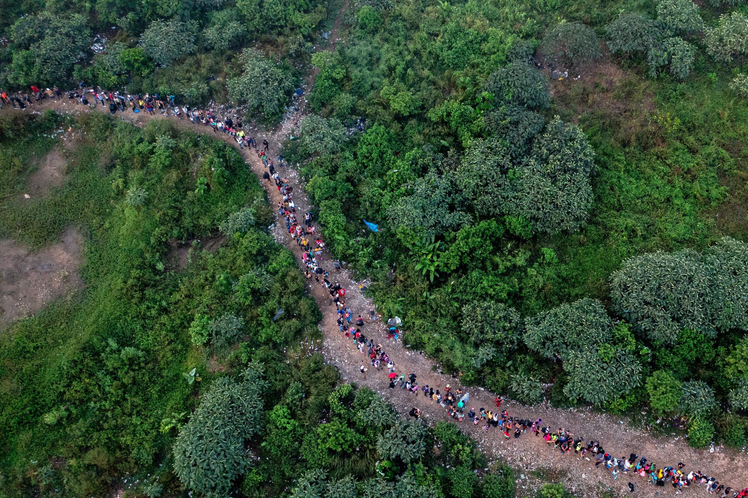 Aerial view in 2023 showing migrants walking through the jungle near Bajo Chiquito village in a portion of the Darién Gap in Panama. (Luis Acosta/AFP via Getty Images)