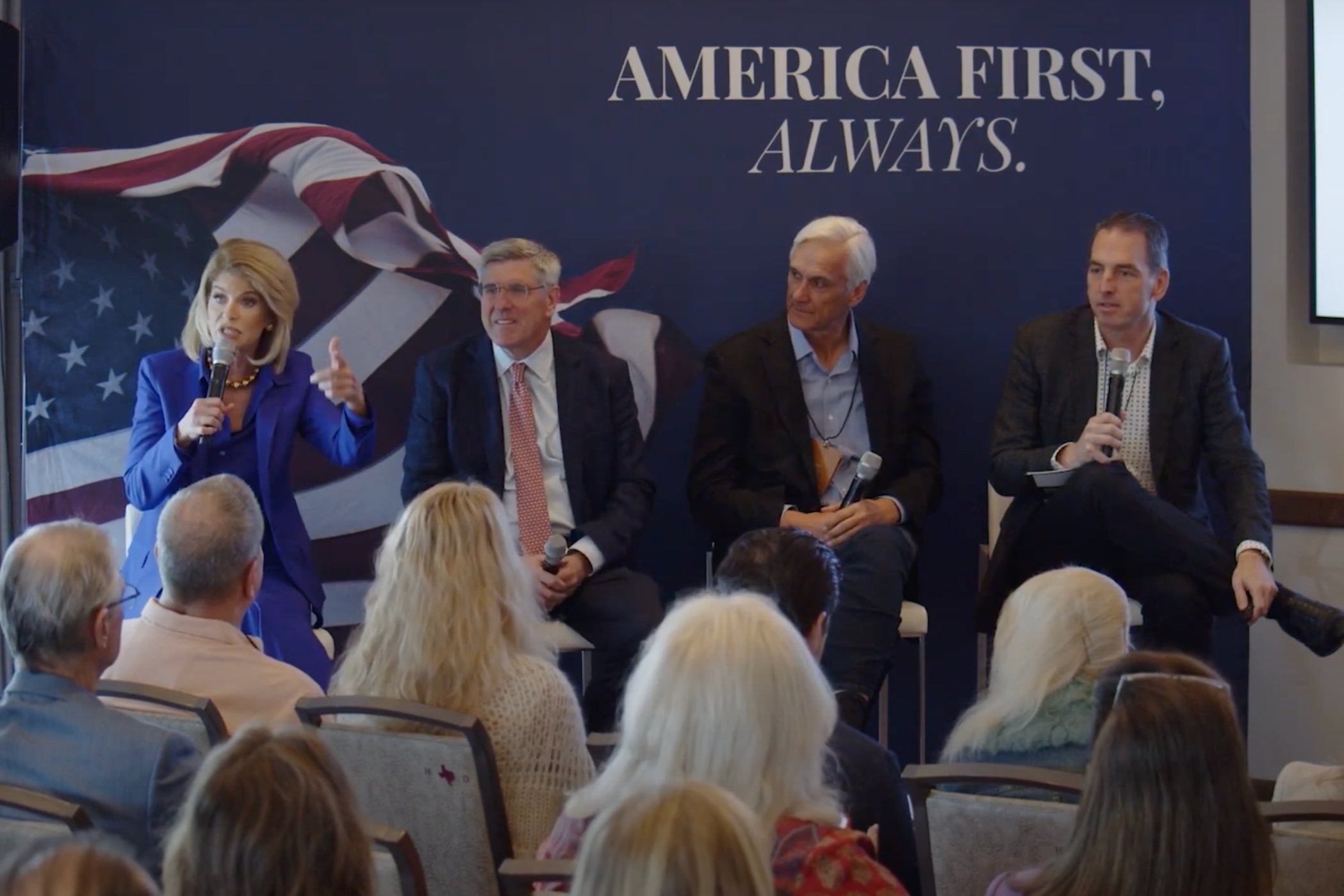 Carla Sands (far left) said at a panel for the America First Policy Institute last May that children were taking their own lives to combat climate change