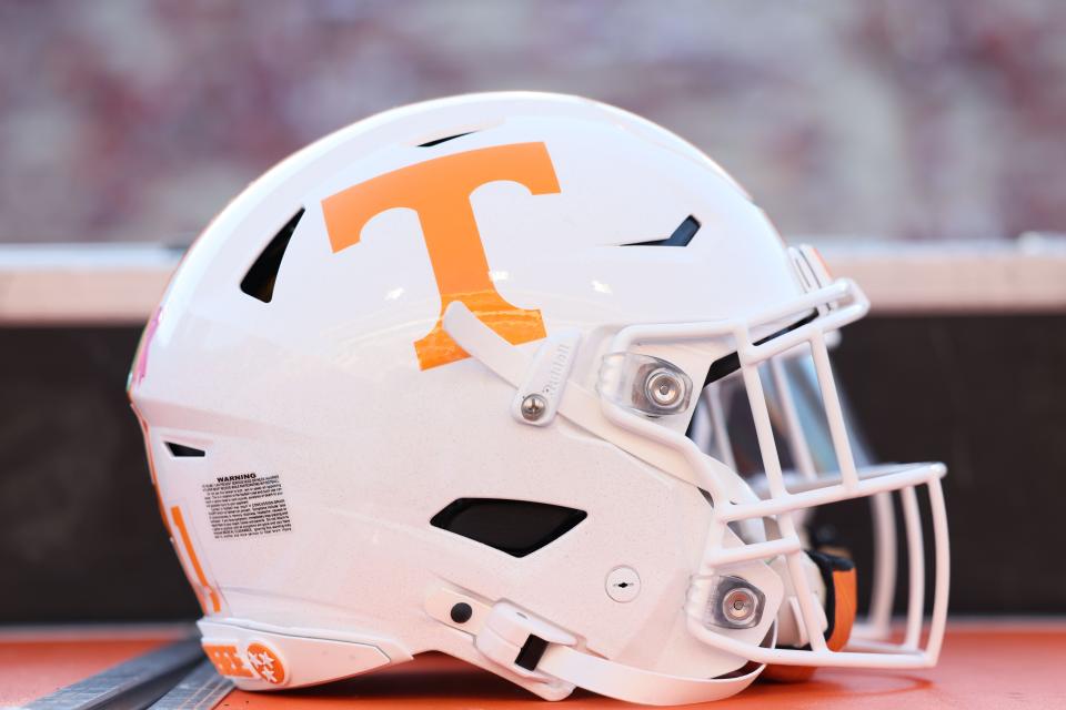 Oct 5, 2024; Fayetteville, Arkansas, USA; General view of a Tennessee Volunteers helmet prior to the game against the Arkansas Razorbacks at Donald W. Reynolds Razorback Stadium. Mandatory Credit: Nelson Chenault-Imagn Images