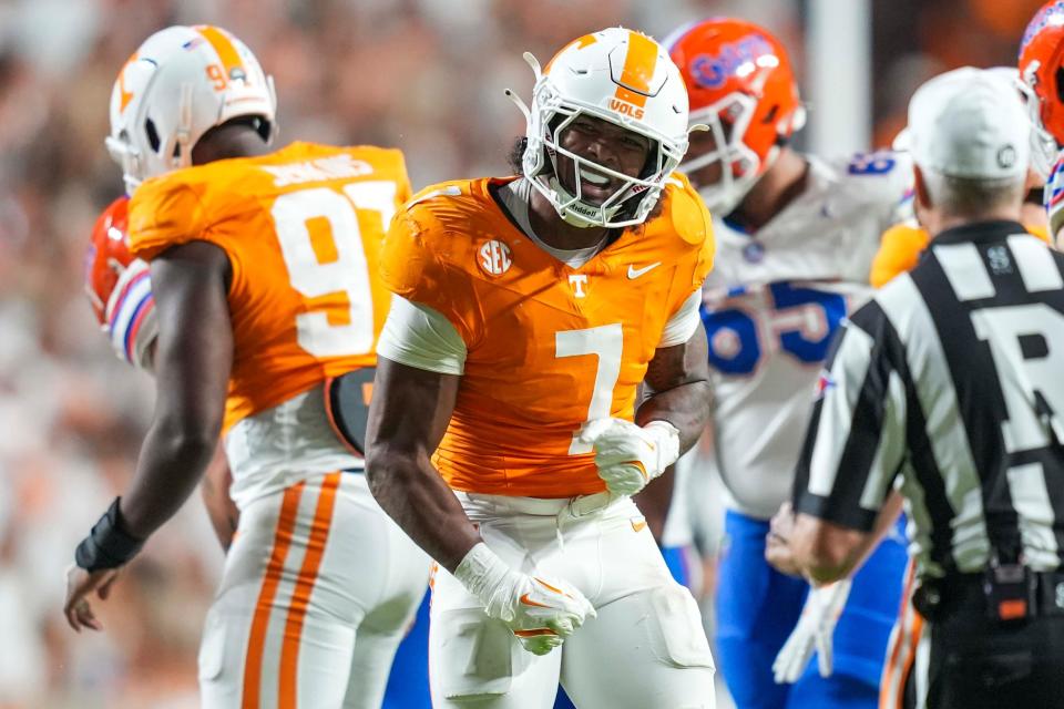 Oct 12, 2024; Knoxville, Tennessee, USA; Tennessee Volunteers linebacker Arion Carter (7) celebrates after a play against the Florida Gators at Neyland Stadium. Mandatory Credit: Angelina Alcantar/USA TODAY Network via Imagn Images