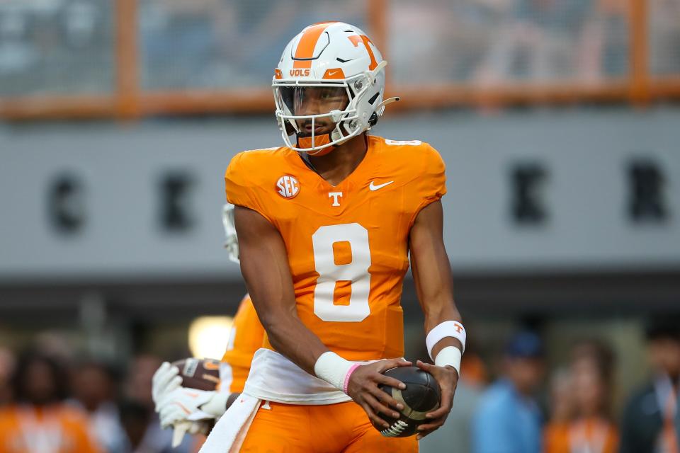 Sep 14, 2024; Knoxville, Tennessee, USA; Tennessee Volunteers quarterback Nico Iamaleava (8) warms up prior to the game against the Kent State Golden Flashes at Neyland Stadium. Mandatory Credit: Randy Sartin-Imagn Images