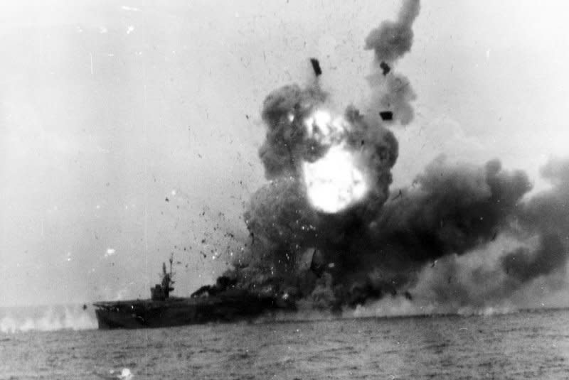 An explosion rocks the USS St. Louis after she was hit by a Kamikaze pilot off the coast of Samar Island, Philippines, on October 25, 1944. File Photo by US Navy/UPI