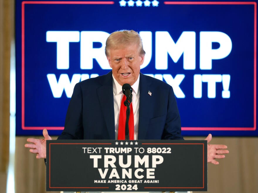 Former President Donald Trump speaks during a press conference in the ballroom of the Mar-a-Lago Club in Palm Beach, Fla., on Tuesday.