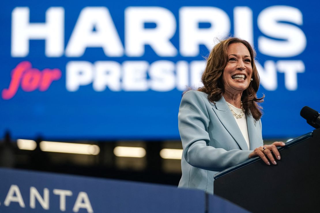 Harris speaks at a campaign rally in Atlanta on July 30, 2024.