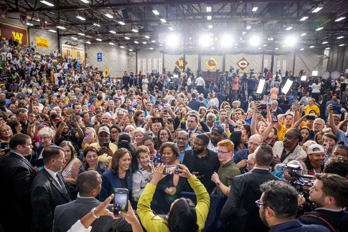 Vice President Kamala Harris, bottom left, attends her first campaign rally as the new Democratic candidate in West Allis, Wisconsin, on July 23, 2024.