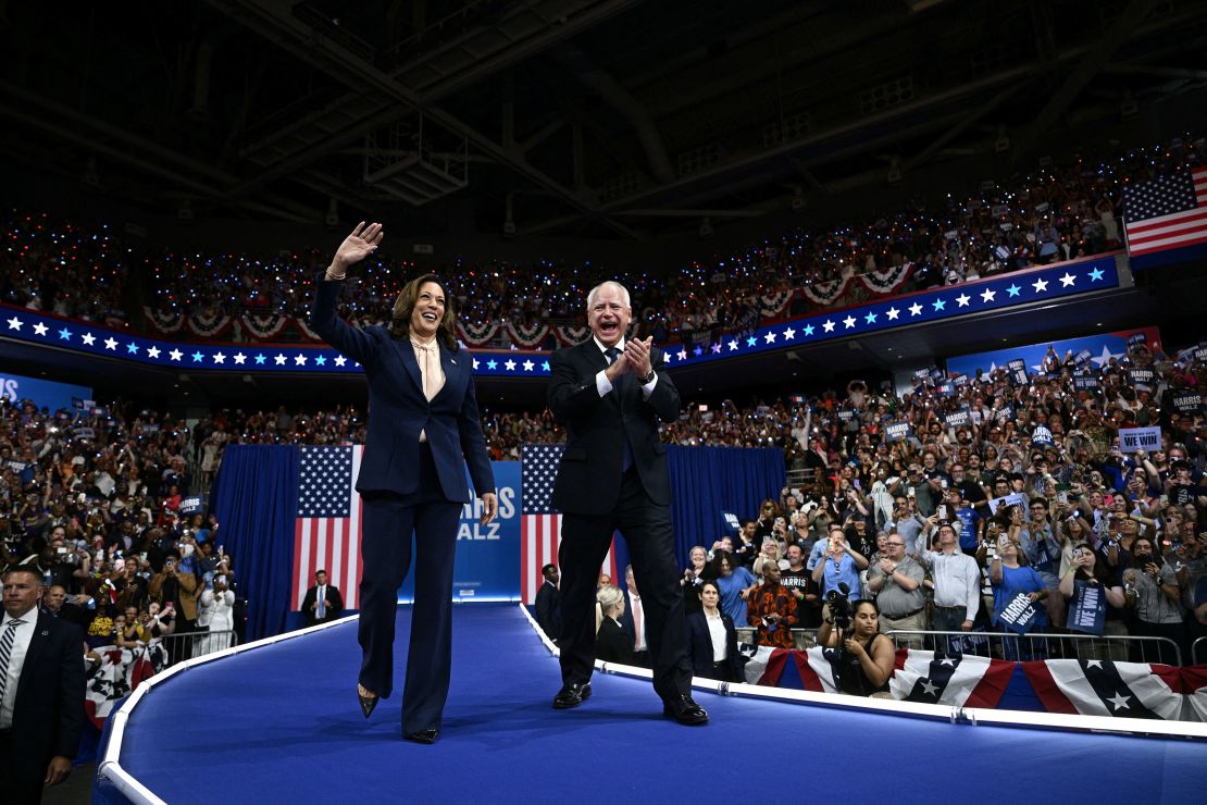 Vice President Kamala Harris and Minnesota Gov. Tim Walz hold their first joint campaign rally in Philadelphia on August 6, 2024.