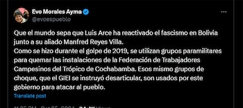 Evo Morales denunció un ataque de “grupos paramilitares” contra la sede del MAS en Cochabamba